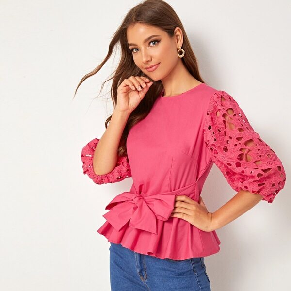 

Guipure Lace Sleeve Button Back Tie Front Peplum Top, Pink