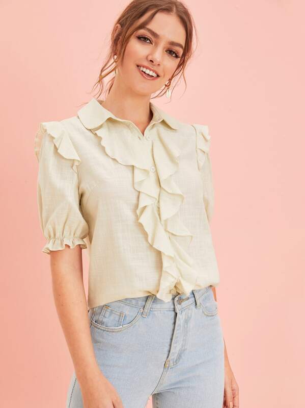 

Ruffle Trim Button Front Blouse, Beige, Luiza