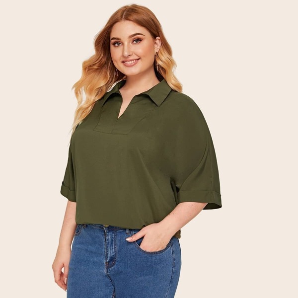 

Plus Rolled Sleeve Solid Top, Army green