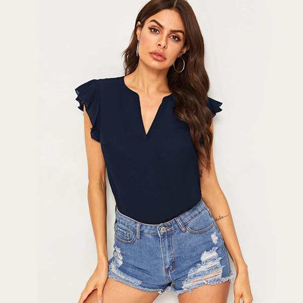 

Notched Neck Ruffle Trim Top