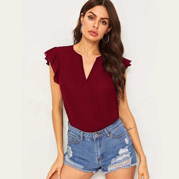 

Solid Ruffle Armhole V Neck Top