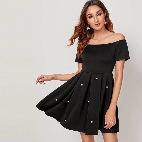 

Pearls Beaded Flare Bardot Dress, Black