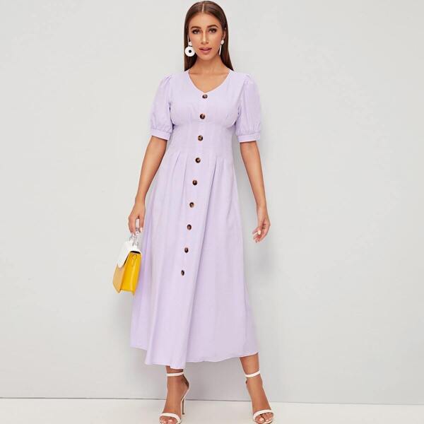 

V-neck Button Front Empire Waist Flare Dress, Purple pastel