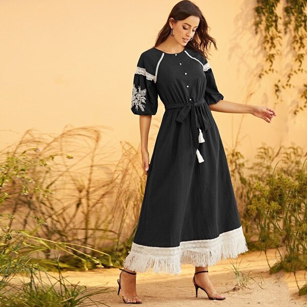 

Flower Embroidered Fringe Hem Lace Insert Belted Dress, Black