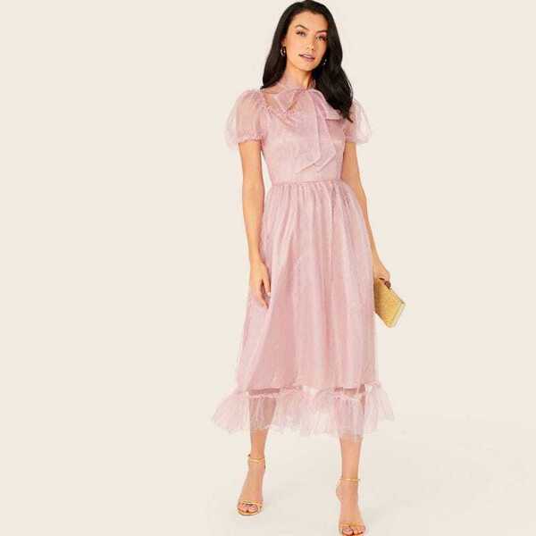 

Tie Neck Ruffle Hem Mesh Overlay Dress, Pink
