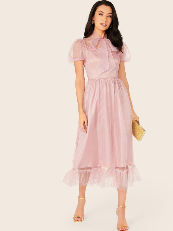 

Tie Neck Ruffle Hem Mesh Overlay Dress, Pink, Candace