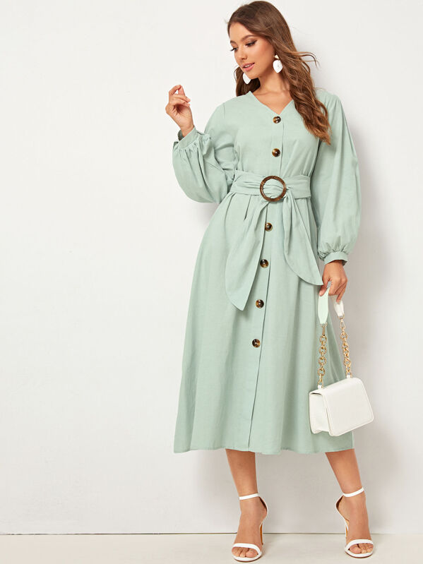 

Button Front Lantern Sleeve Belted Dress, Green, Debi Cruz