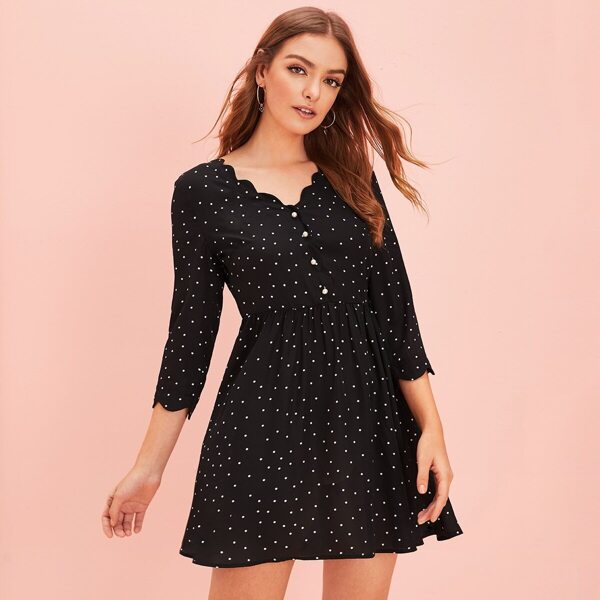 

Scallop Trim Button Front Polka Dot Dress