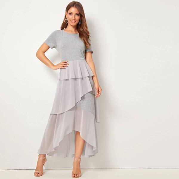 

Layered Ruffle Asymmetrical Hem Fit & Flare Dress, Grey
