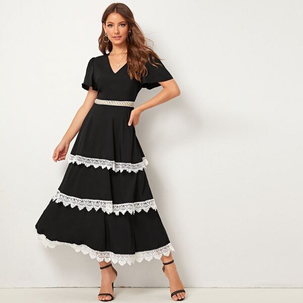 

Flutter Sleeve Lace Trim Layered Ruffle Dress, Black