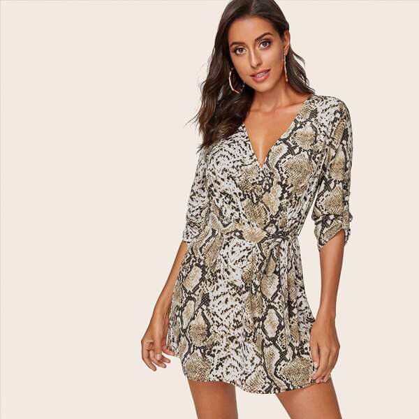 

Snakeskin Print Tab Sleeve Belted Dress, Multicolor