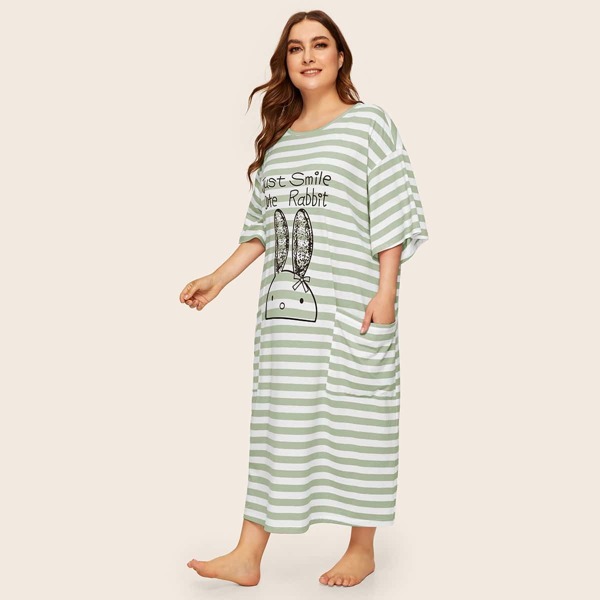 

Plus Pocket Patched Cartoon and Striped Night Dress, Green pastel