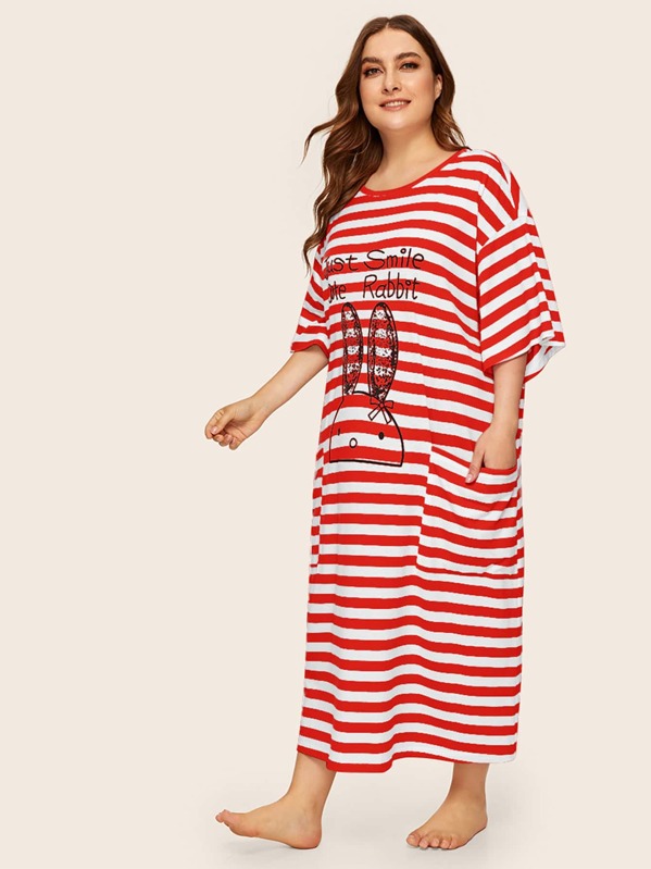 

Plus Pocket Patched Cartoon and Striped Night Dress, Red, Franziska