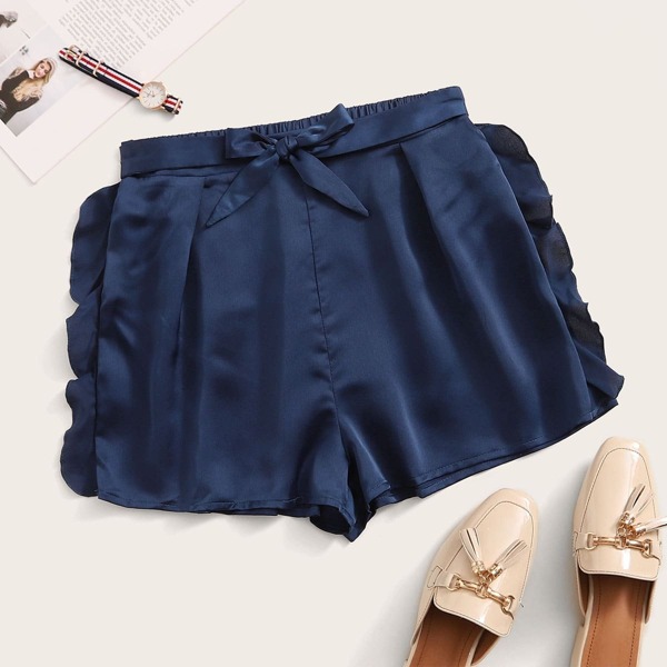 

Ruffle Trim Self Tie Front Satin Shorts
