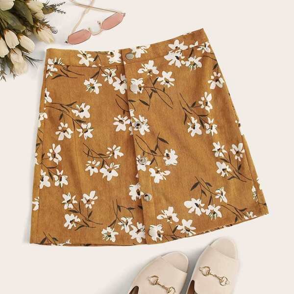 

Ditsy Floral Button Front Corduroy Skirt