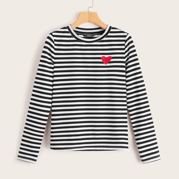 

Heart and Striped Fitted Tee, Black and white