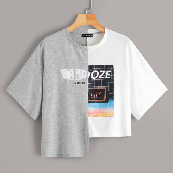 

Letter Graphic Color-block Asymmetrical Hem Tee, Multicolor