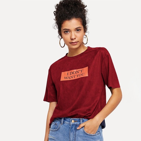 

Slogan Print Suede Tee, Burgundy