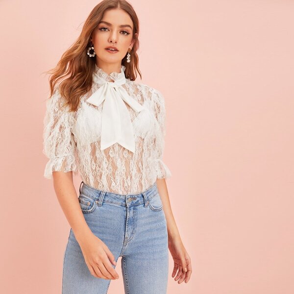 

Tie Neck Sheer Lace Overlay Top Without Bra
