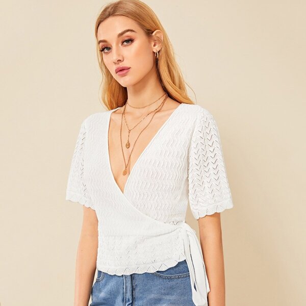 

Surplice Wrap Knot Side Scallop Trim Knit Top, White