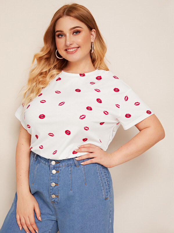 

Plus Lip Print Tee, White, Nora