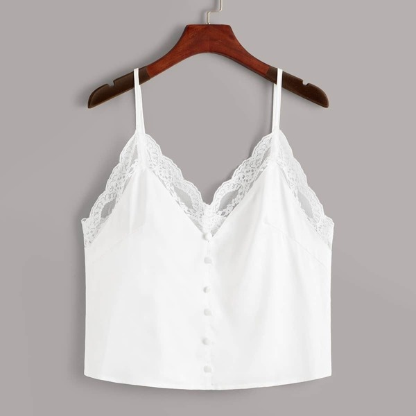 

Lace Trim Button Front Cami Crop Top