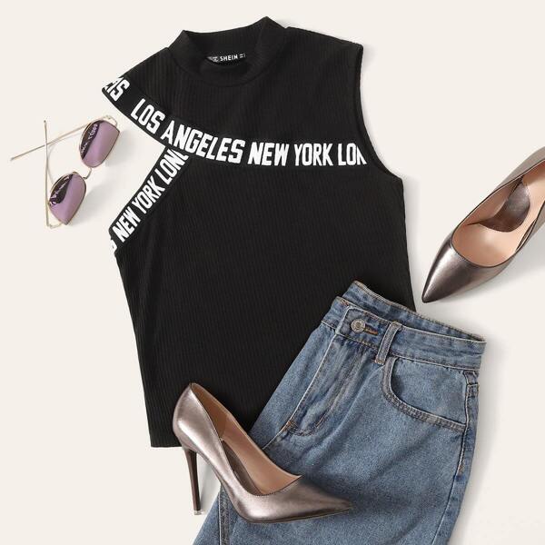 

Mock-neck Letter Tape Rib-knit Top