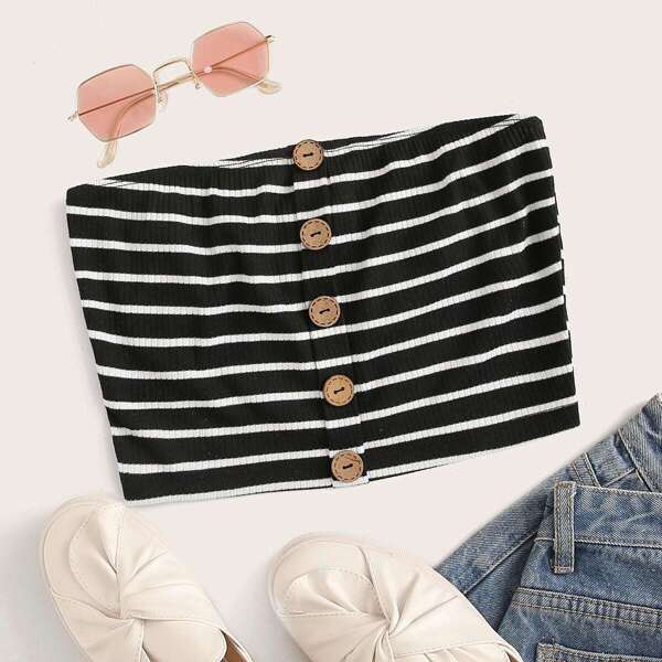 

Striped Button Front Rib-knit Bandeau Top