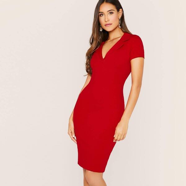 

Notch Collar V-Neck Short Sleeve Bodycon Dress, Red