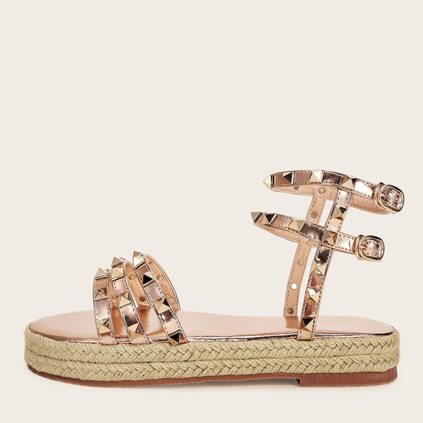 

Studded Decor Ankle Strap Espadrille Sandals, Gold