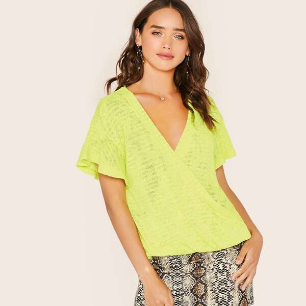 

Surplice V-Neck Short Sleeve Pullover Sweater, Green bright