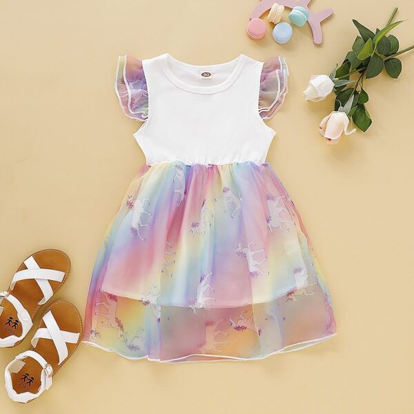 

Toddler Girls Unicorn Print Rainbow Tulle Dress