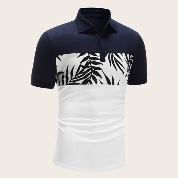 

Men Leaf Print Two Tone Polo Shirt