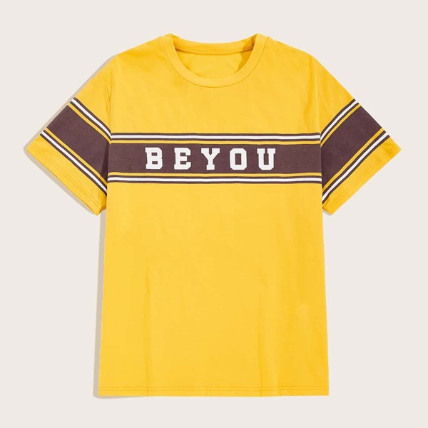 

Men Striped Letter Print Tee, Yellow