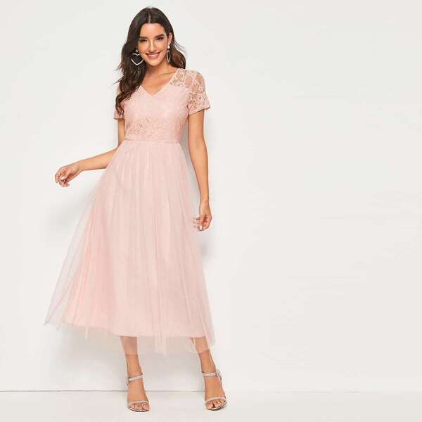 

Contrast Lace Mesh Overlay Solid Dress, Pink
