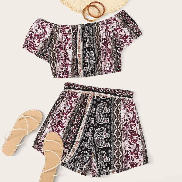 

Tribal Print Off Shoulder Crop Top With Shorts