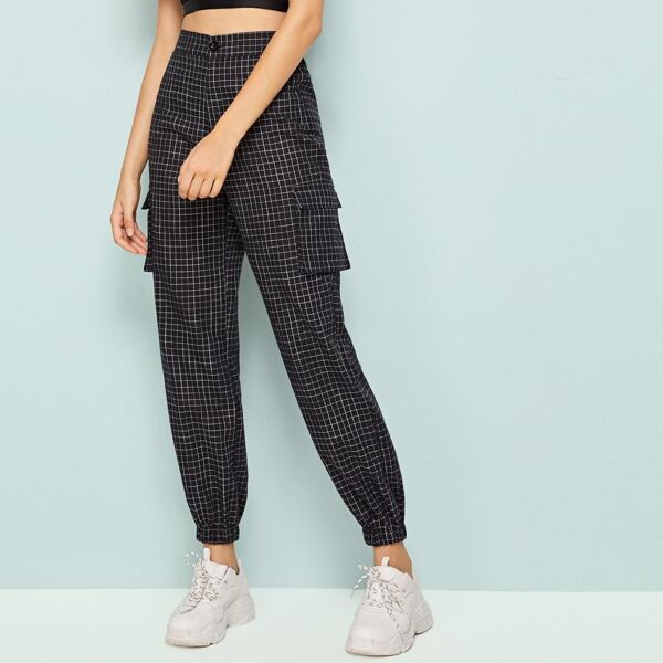 

Plaid Print Side Flap Pocket Cargo Pants, Black