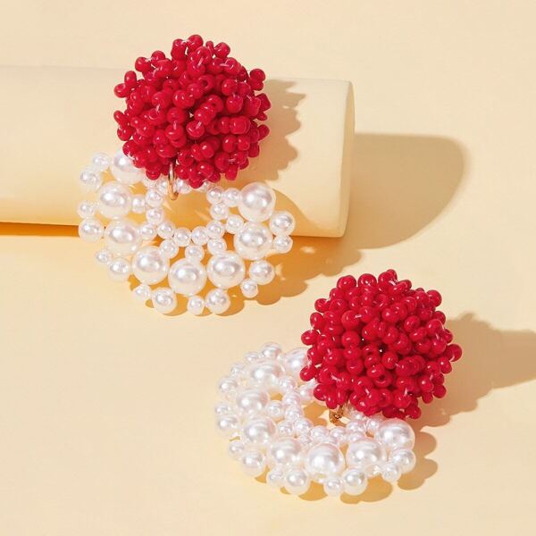 

Two Tone Bead & Faux Pearl Decor Earrings 1pair