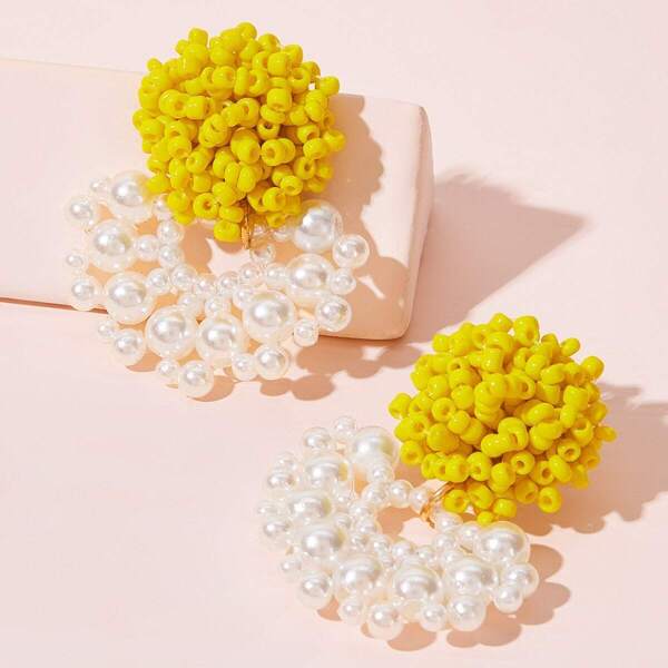

Two Tone Bead & Faux Pearl Decor Earrings 1pair