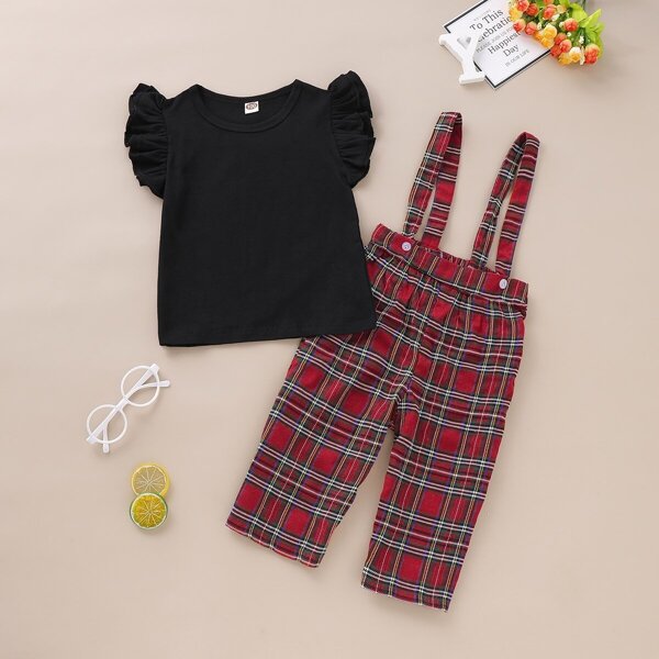 

Toddler Girls Cap Sleeve Top With Tartan Straps Pants