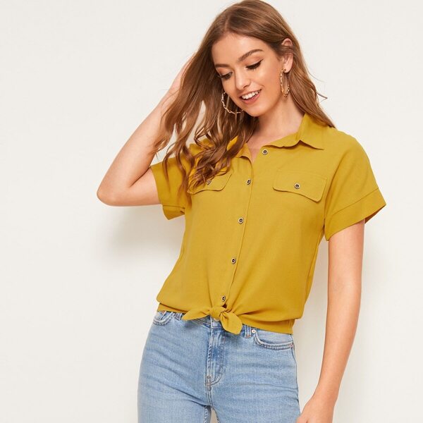 

Pocket Button Front Knot Hem Blouse