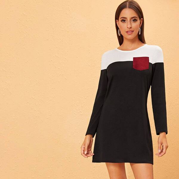 

Colorblock Contrast Pocket Tee Dress, Black