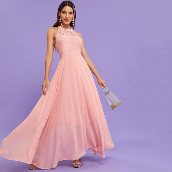

Lace Panel Backless Halter Dress