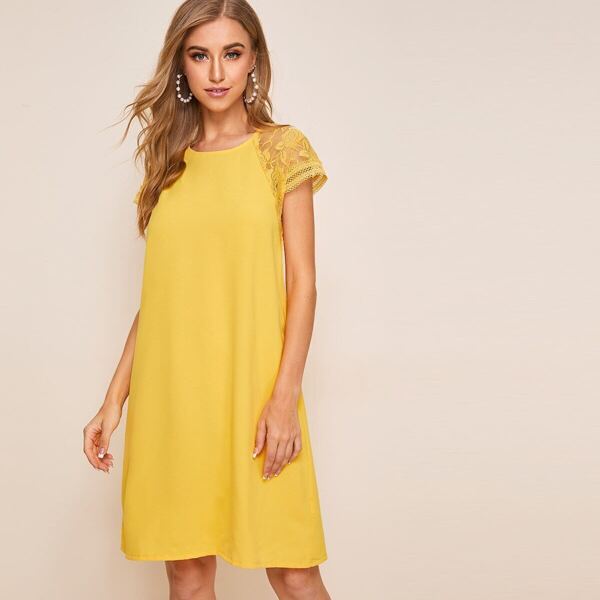 

Contrast Lace Cuff Solid Dress