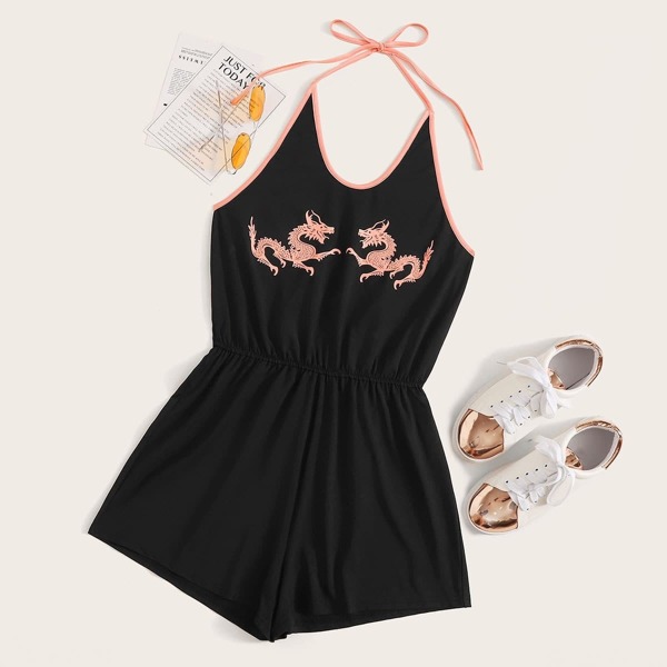 

Dragon Print Binding Trim Halter Playsuit