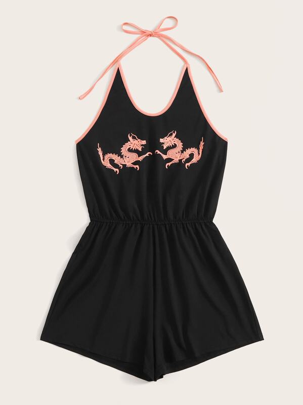 

Dragon Print Binding Trim Halter Playsuit, Black