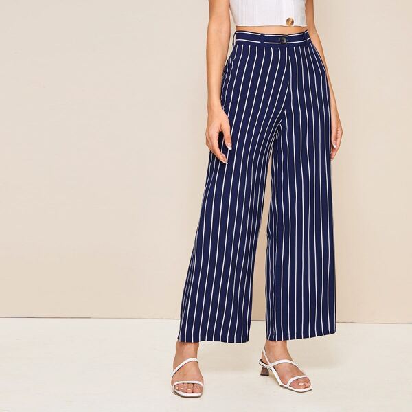 

Button Waist Striped Wide Leg Pants