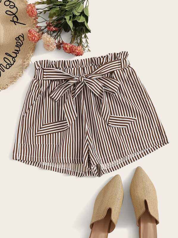 

Striped Tie Front Paperbag Shorts, Brown