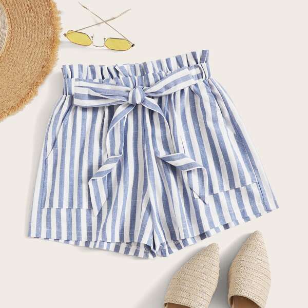 

Self-Tie Belted Striped Paperbag Shorts, Blue and white