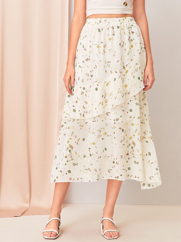 

Elastic Waist Ruffle Trim Printed Chiffon Skirt, Beige, Natalia